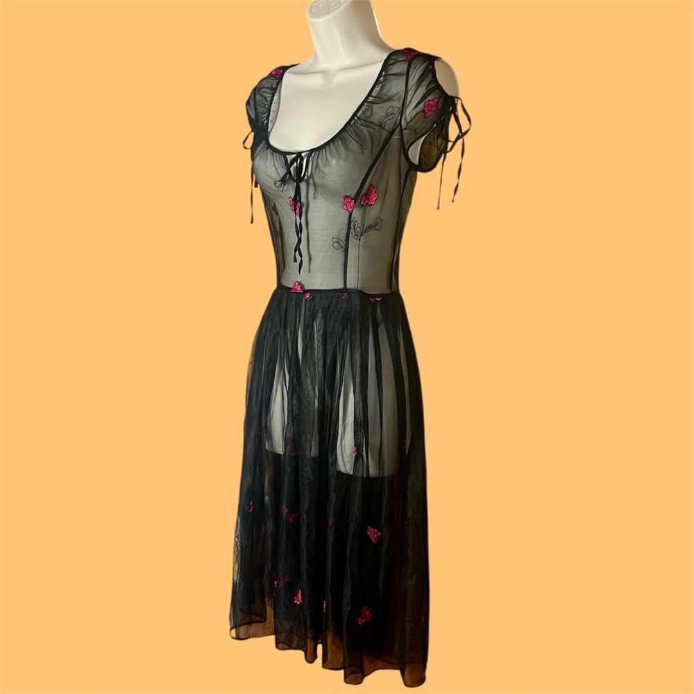 Vintage Betsey Johnson Sheer Dress Embroidered 90s Y2K Whimsygoth Fairy Floral P - Picture 3 of 14